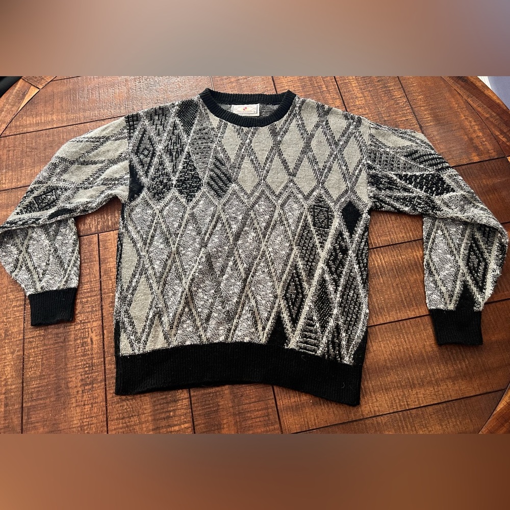Vintage 80s 90s Pinnacle Collection GRANDPA Sweater Geometric Grey Black Size M